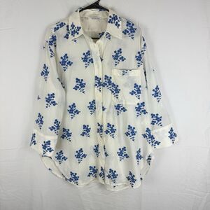 Zara Shirt Oversized Size L 100% Cotton Floral Embroidered Shirt Cream & Blue